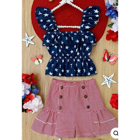 Mia Belle Girls 10/12 Patriot Stars Top and Striped Short Set 4th of July Outfit - Picture 1 of 11